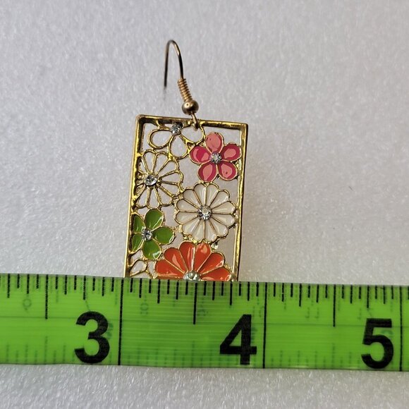 Rectangular Floral Earrings Filigree style with Multicolored flowers - Picture 10 of 12